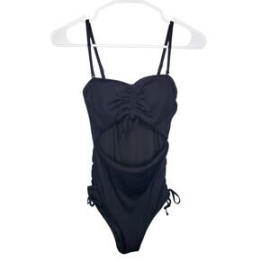 Aerie One Piece Full Coverage Swimsuit S Black Ribbed Padded Scrunch Side Ties